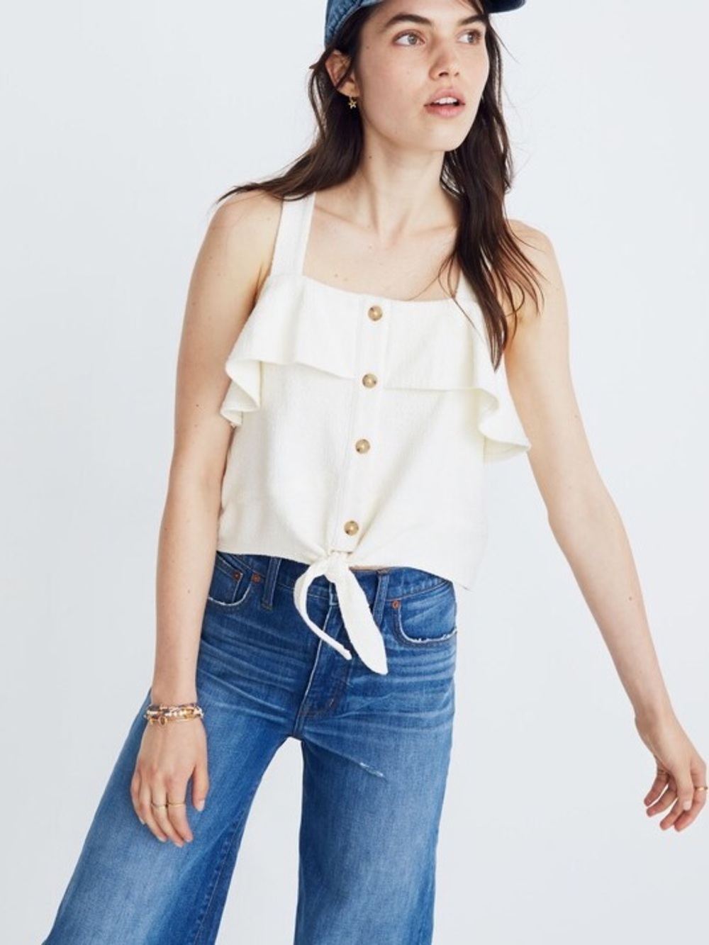 MADEWELL Texture & Thread Ruffle Tie-Front Tank - XS